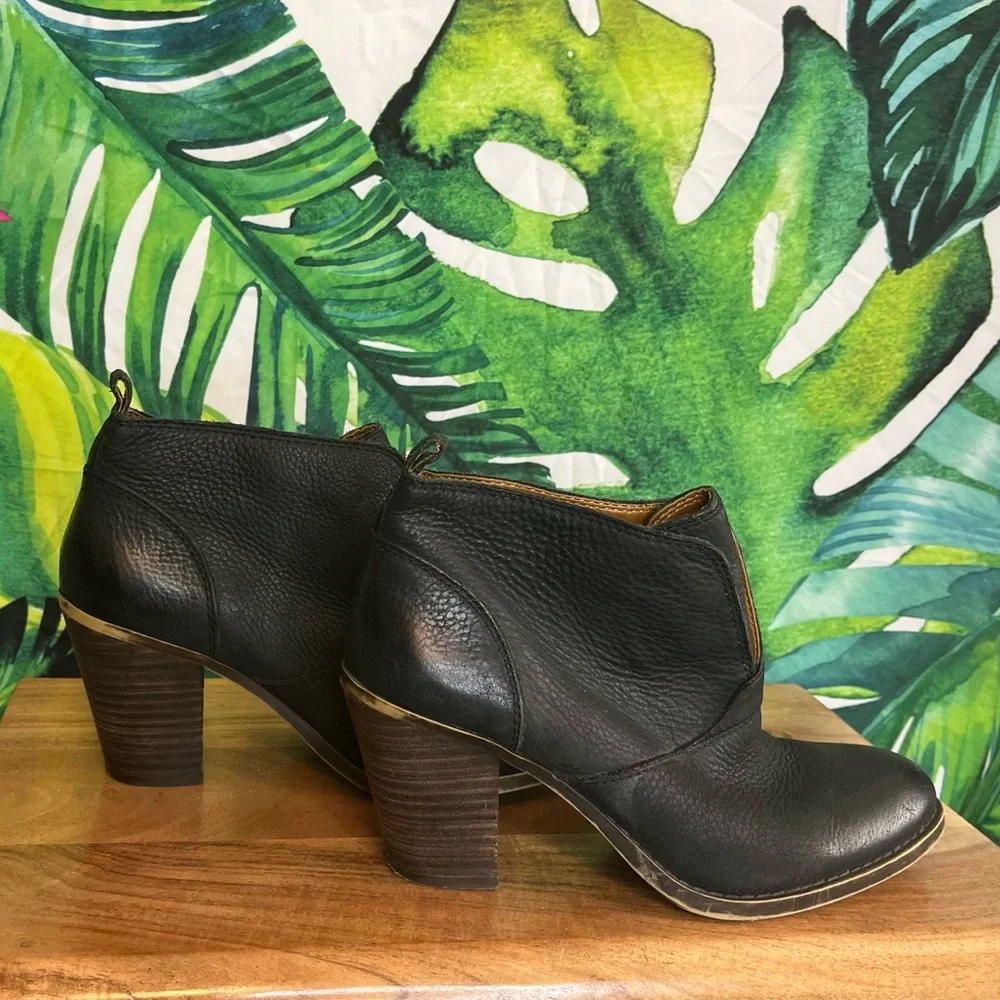 Lucky Brand 7.5 Black Brown Leather Chunky Heel Casual Fall Winter Booties